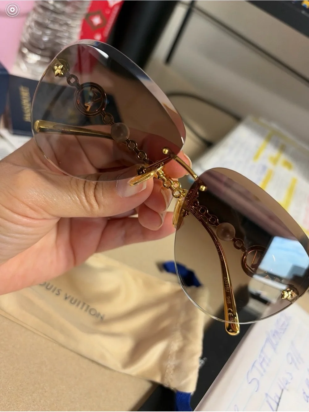 Louis Vuitton Gold-Trim Pearl Pilot Sunglasses - Brown Gradient Lenses